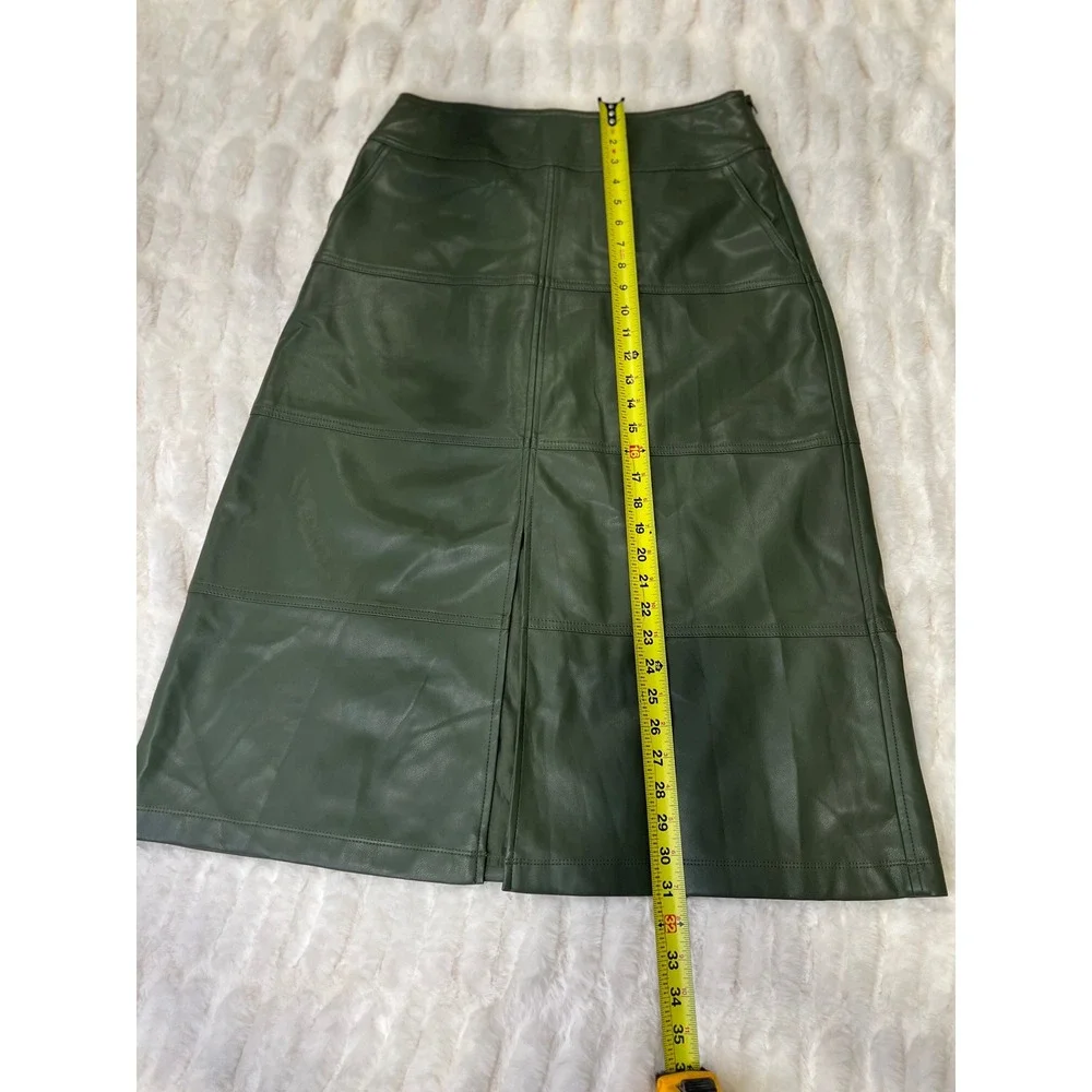 Cabi Dark Sage Green Faux Leather Paneled Midi Skirt Size 6 Front Slit Pockets
